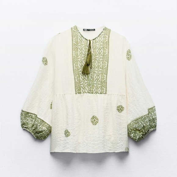 Zara Tops - Zara Boho Printed Blouse With Tassels